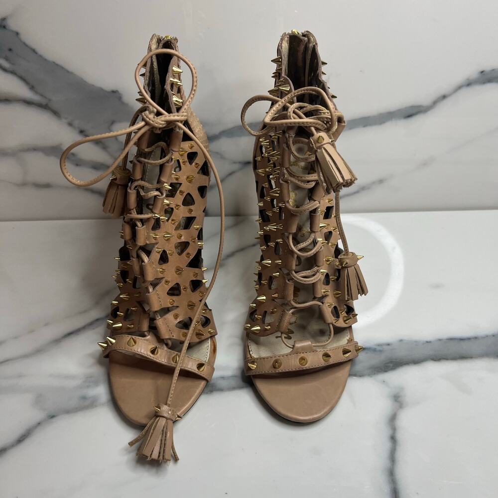 Sam Edelman Women's Tan Leather Spikes Open Toe Allison Bootie Heels Sz 6.5 - Picture 2 of 7